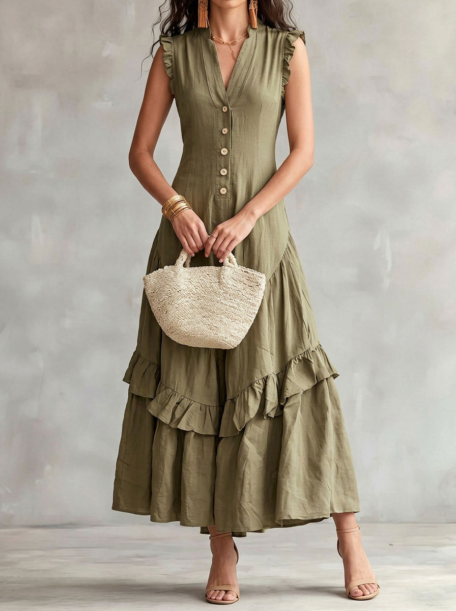 Elegant Minimalist Ruffled Sleeveless Linen Dress