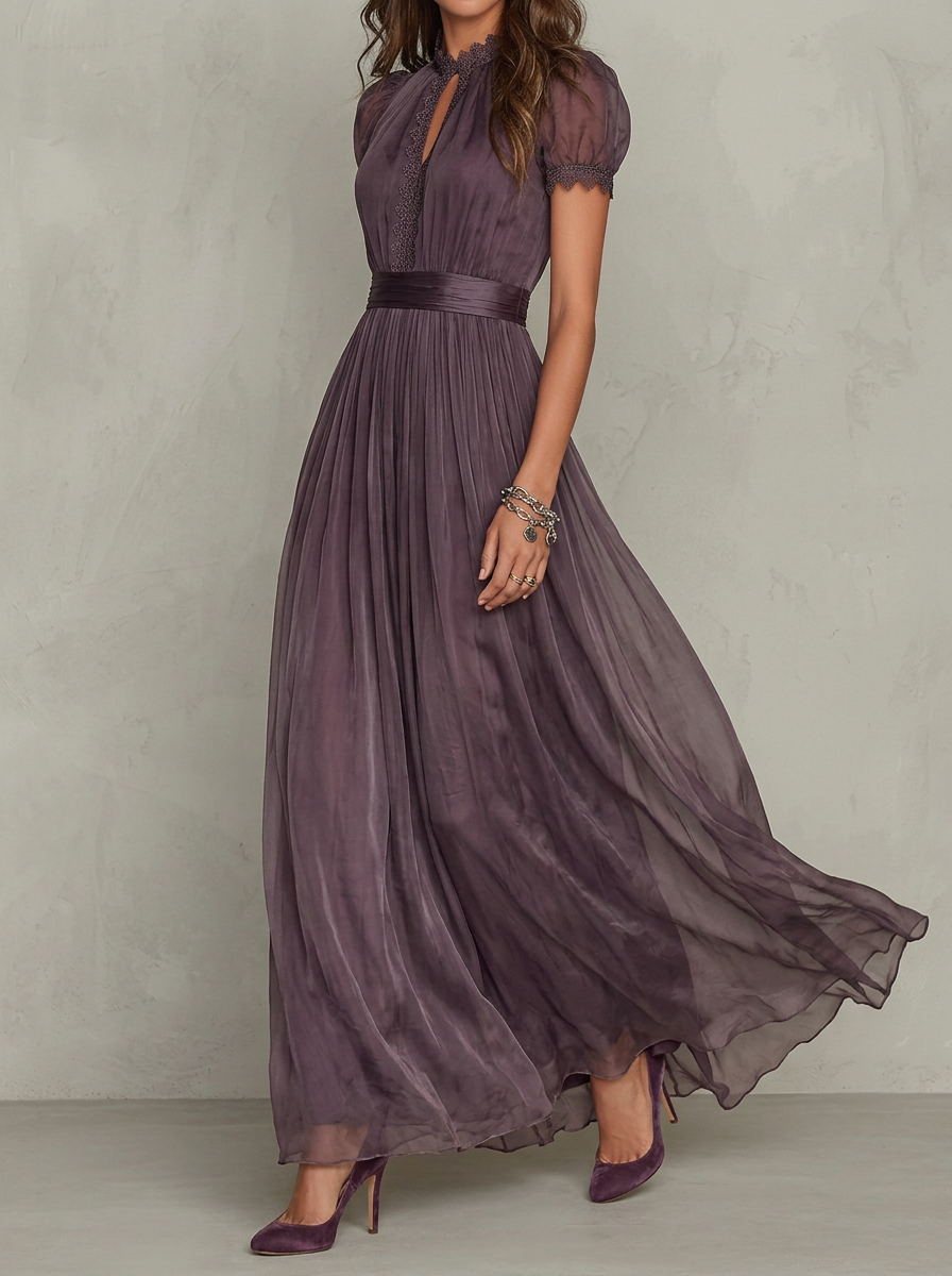 Elegant Turtleneck Lace Spliced Flowing Chiffon Dress