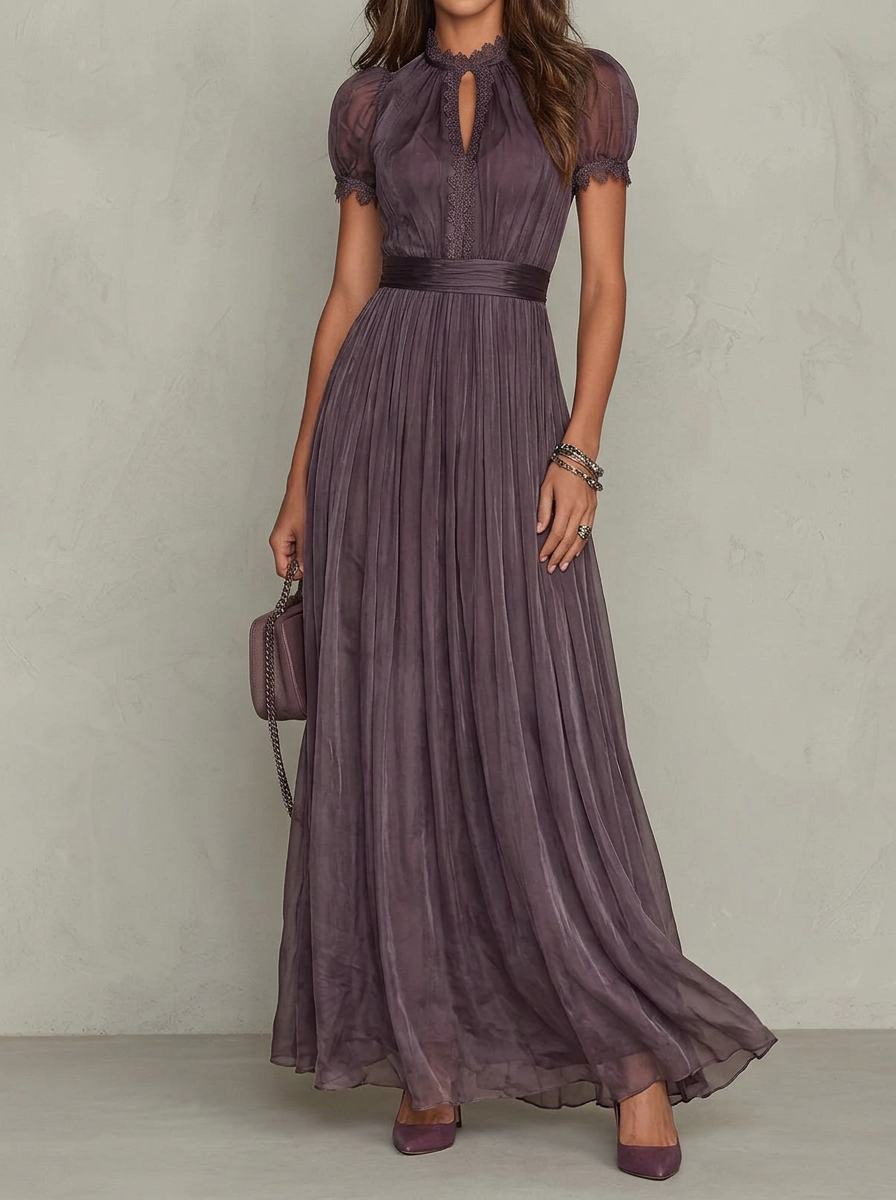Elegant Turtleneck Lace Spliced Flowing Chiffon Dress
