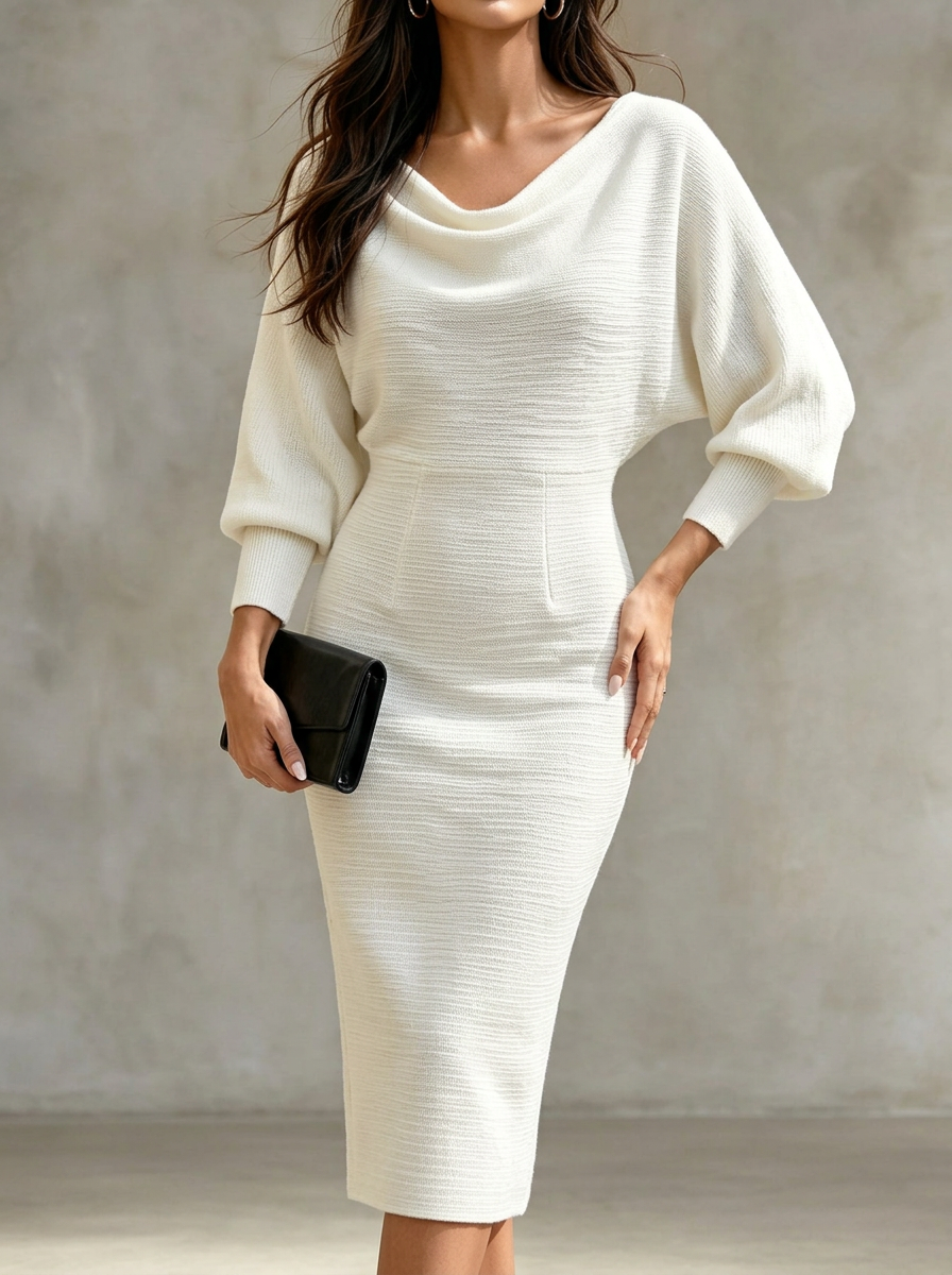 Elegant Solid Color Bat Sleeve Waist-cinching Dress
