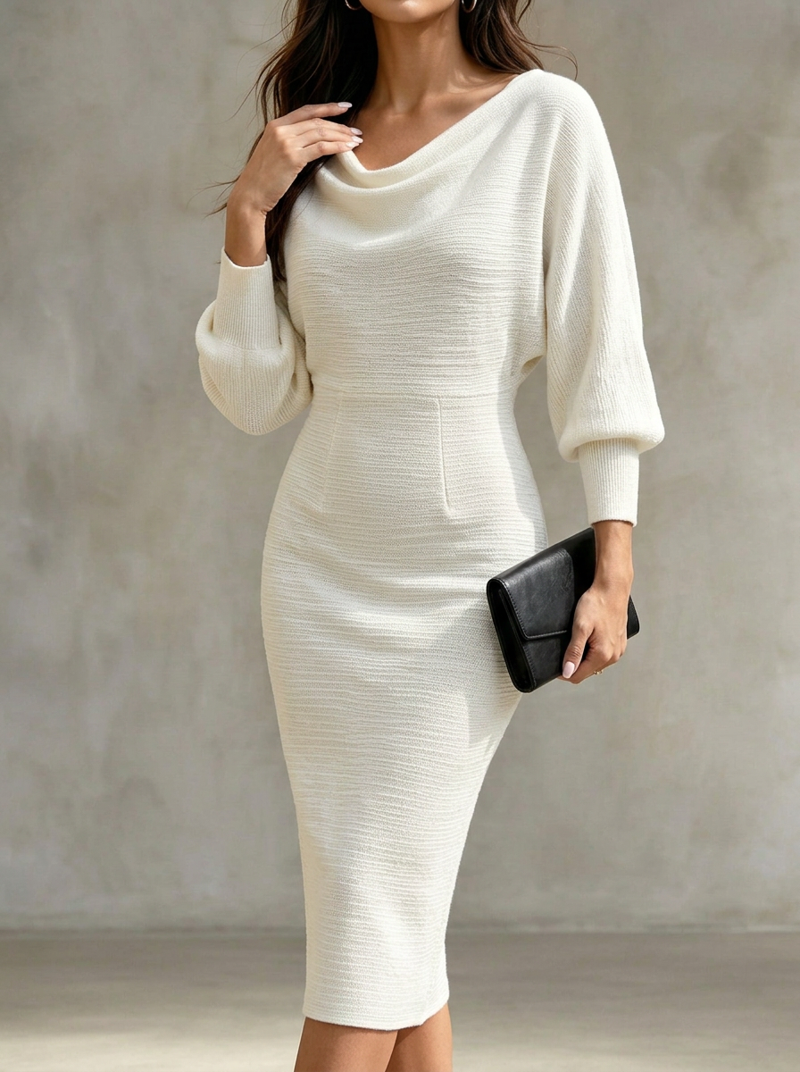Elegant Solid Color Bat Sleeve Waist-cinching Dress