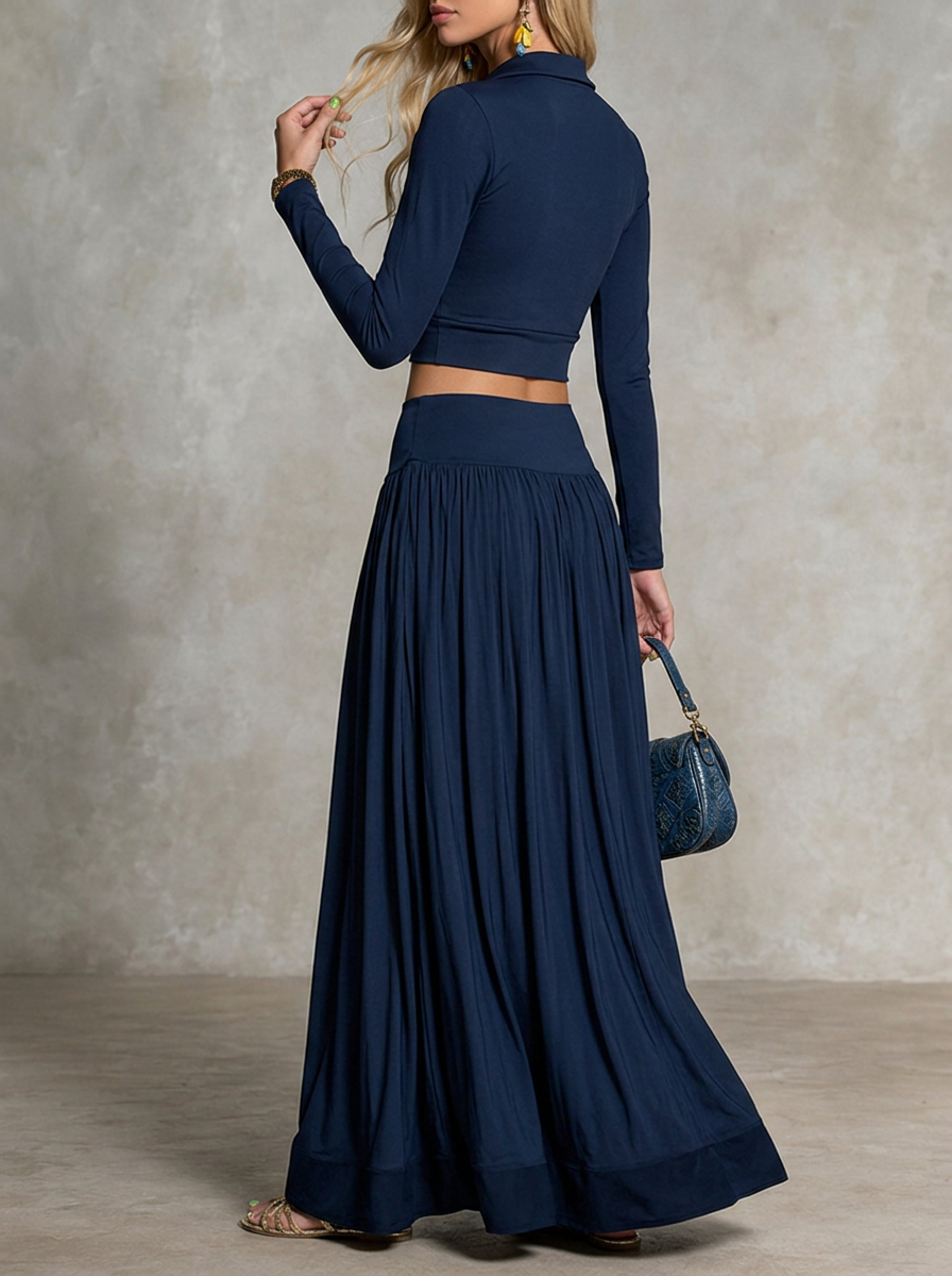Collared Zip Long Sleeve Top And High Waist Maxi Dress