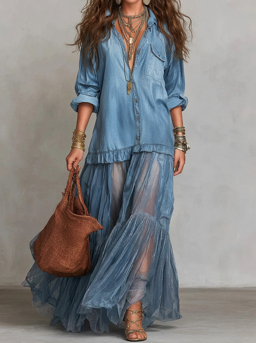 Retro Lapel Denim Splicing Mesh Casual Pocket Dress