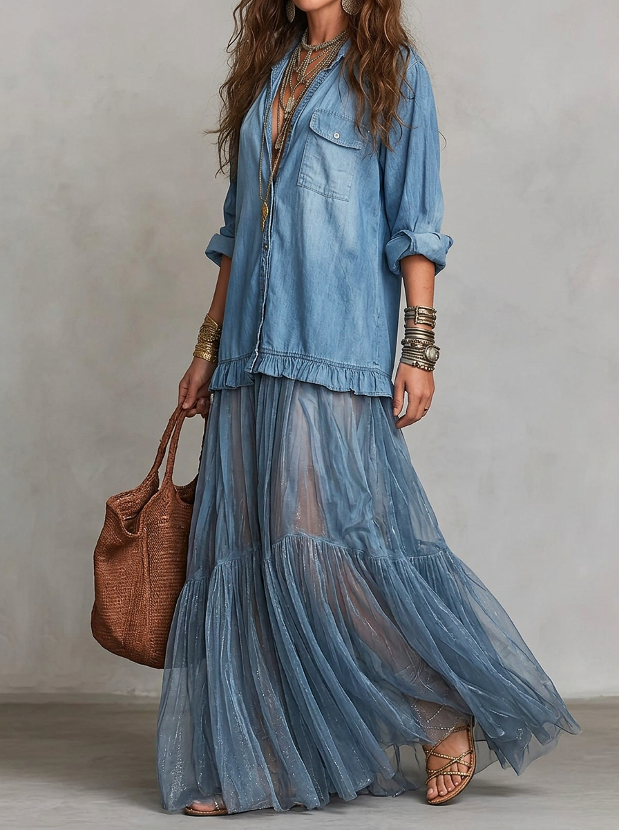 Retro Lapel Denim Splicing Mesh Casual Pocket Dress