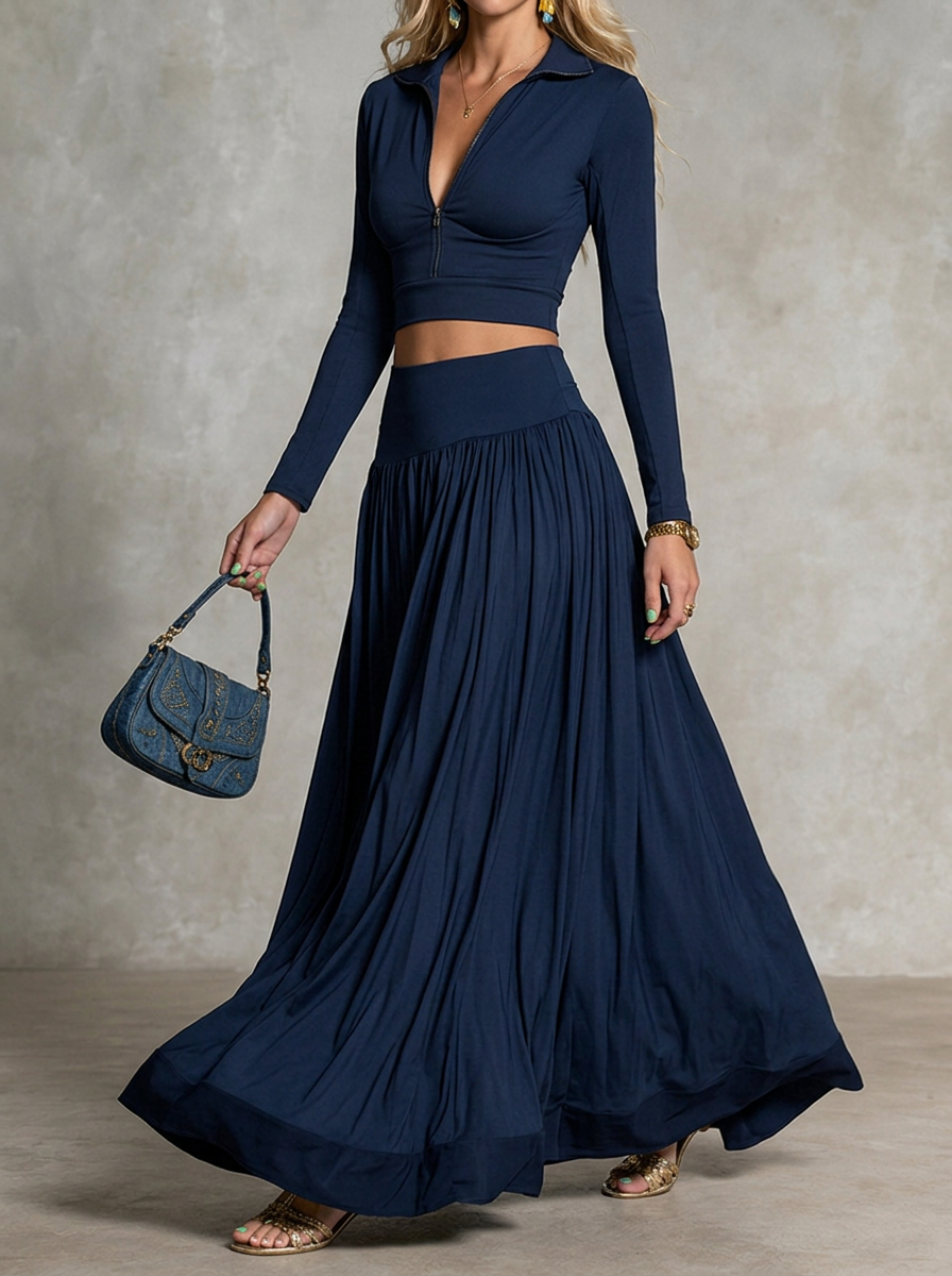 Collared Zip Long Sleeve Top And High Waist Maxi Dress