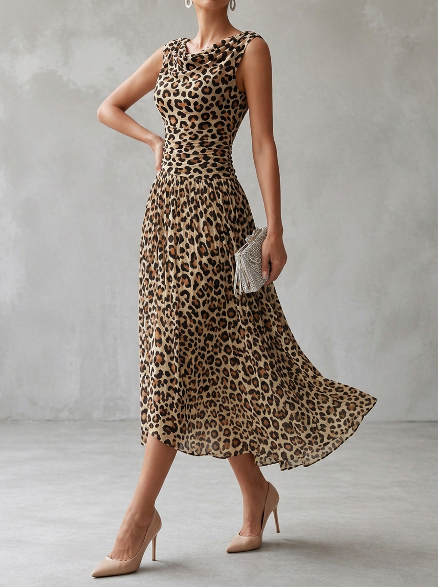 Retro French Sleeveless Pile Collar Waist Leopard Print Dress