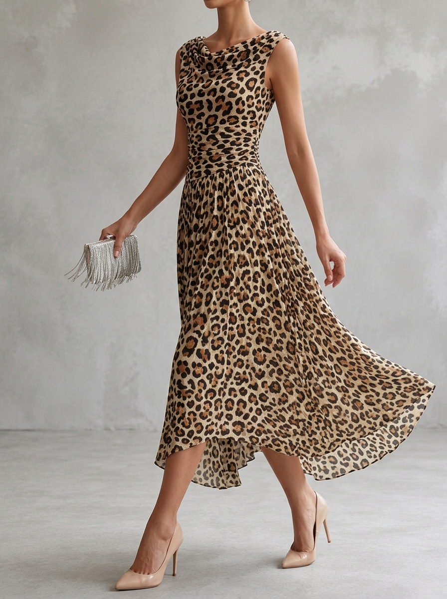 Retro French Sleeveless Pile Collar Waist Leopard Print Dress