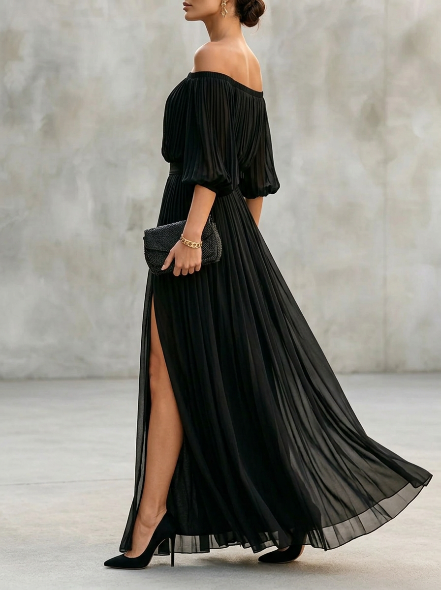 Off-shoulder Pleated Chiffon Maxi Dress