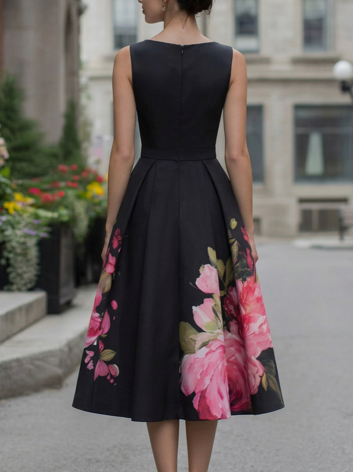 Elegant Sleeveless Floral Waist Pleated Midi Dress