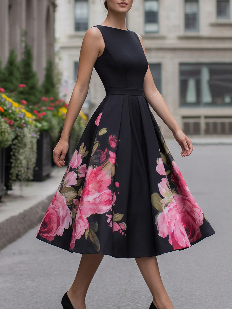 Elegant Sleeveless Floral Waist Pleated Midi Dress