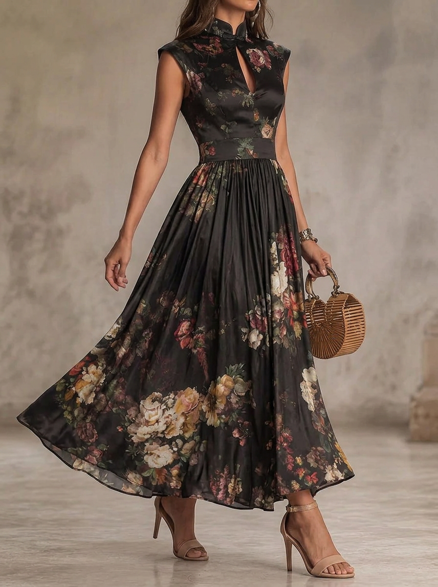 Elegant Floral Pattern Fitted Sleeveless Midi Dress