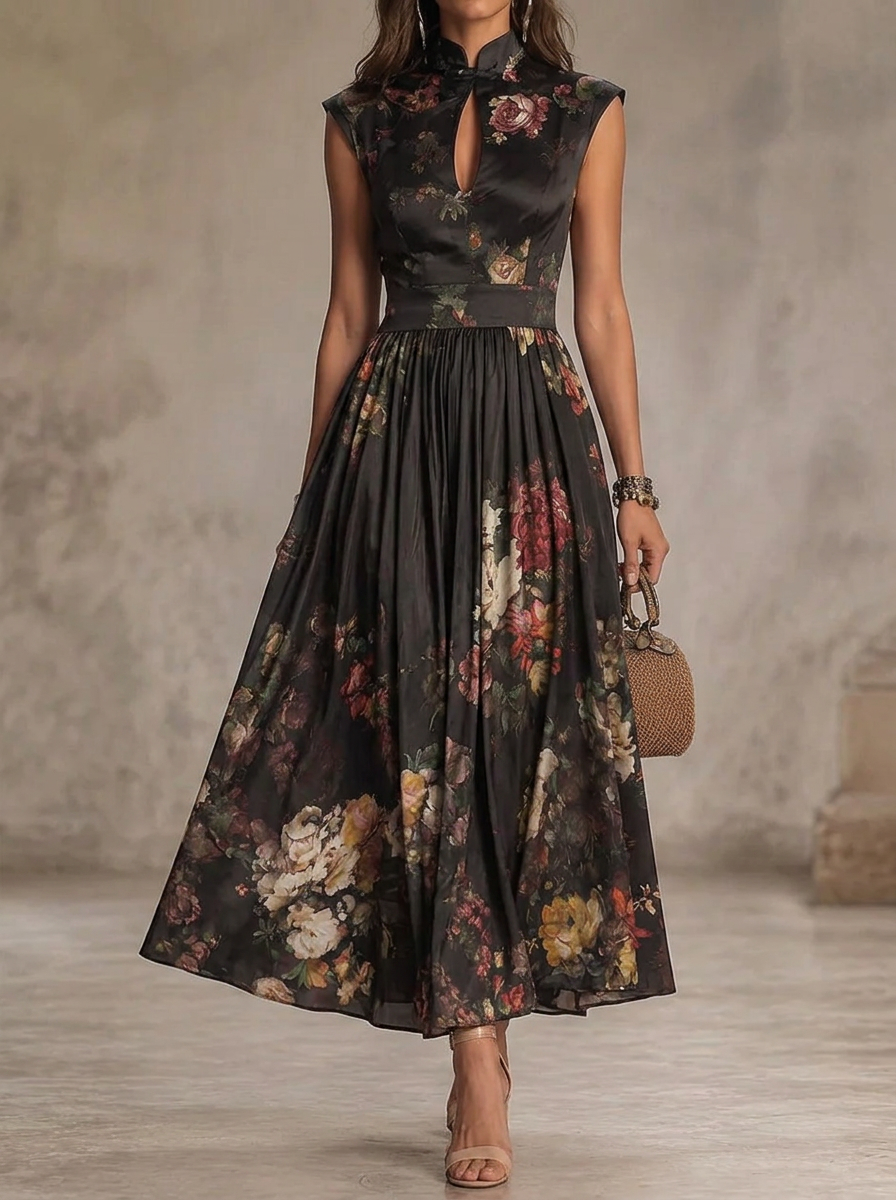 Elegant Floral Pattern Fitted Sleeveless Midi Dress