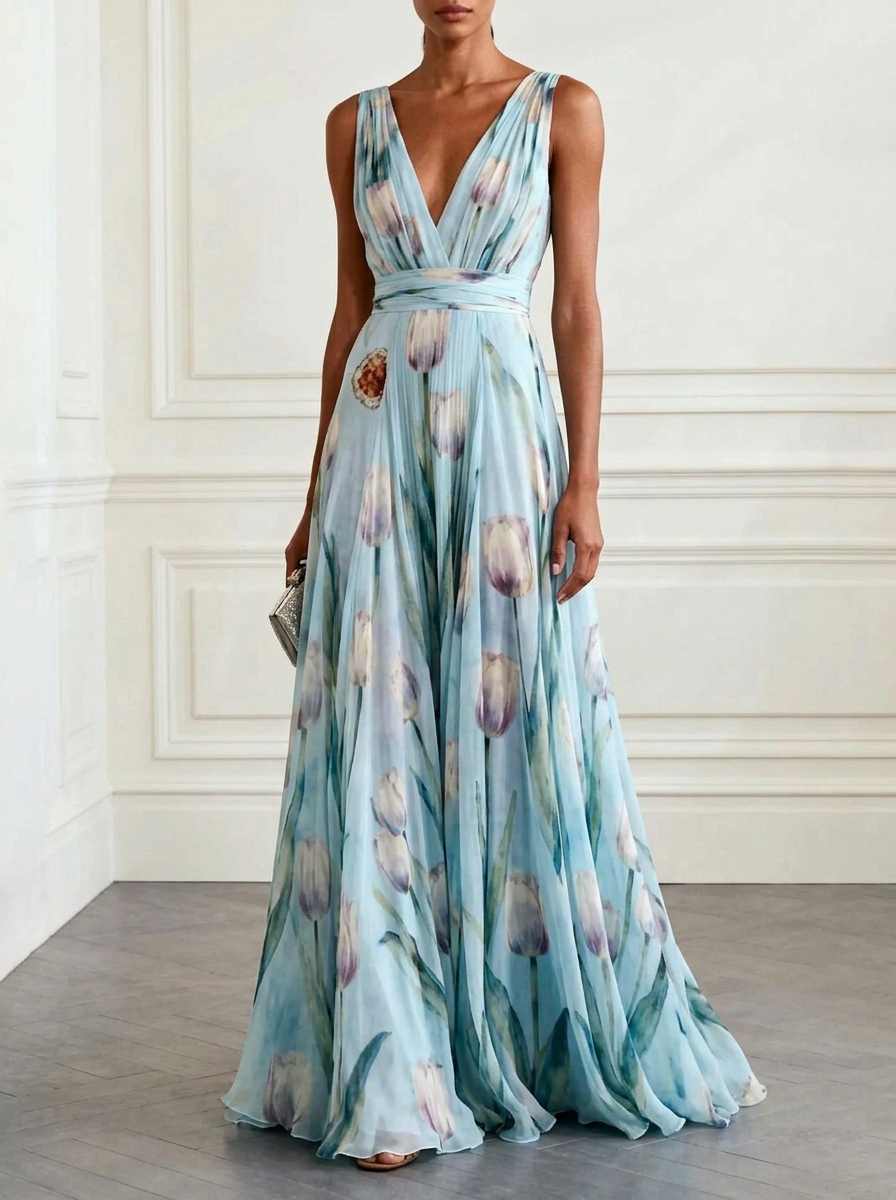 Tulip Print Sleeveless V-neck Maxi Dress