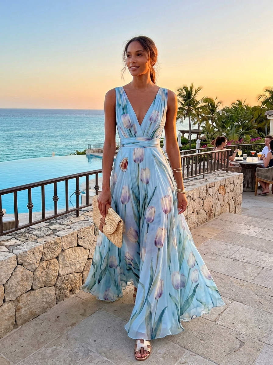 Tulip Print Sleeveless V-neck Maxi Dress