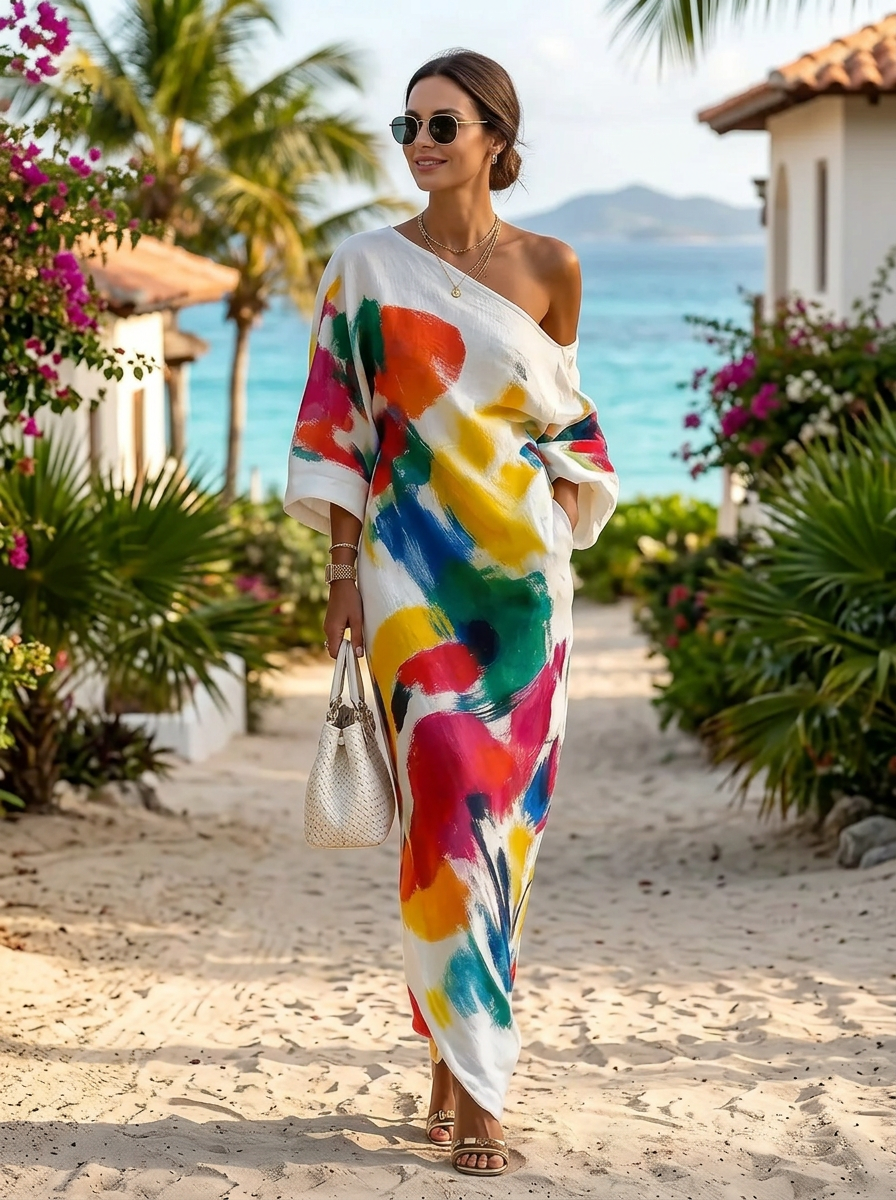 Elegant Abstract Art Print Loose Maxi Dress