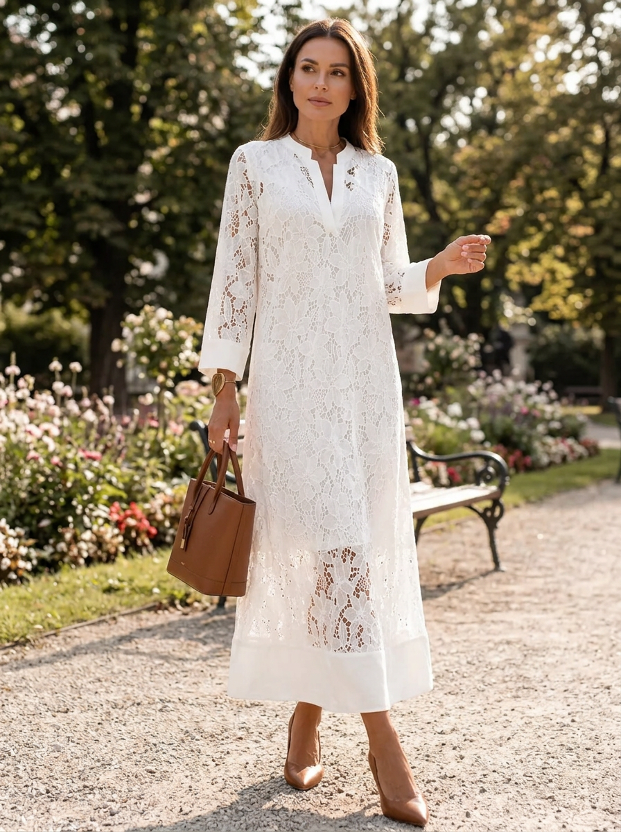 V-Neck 3/4 Sleeve Loose Lace Maxi Dress