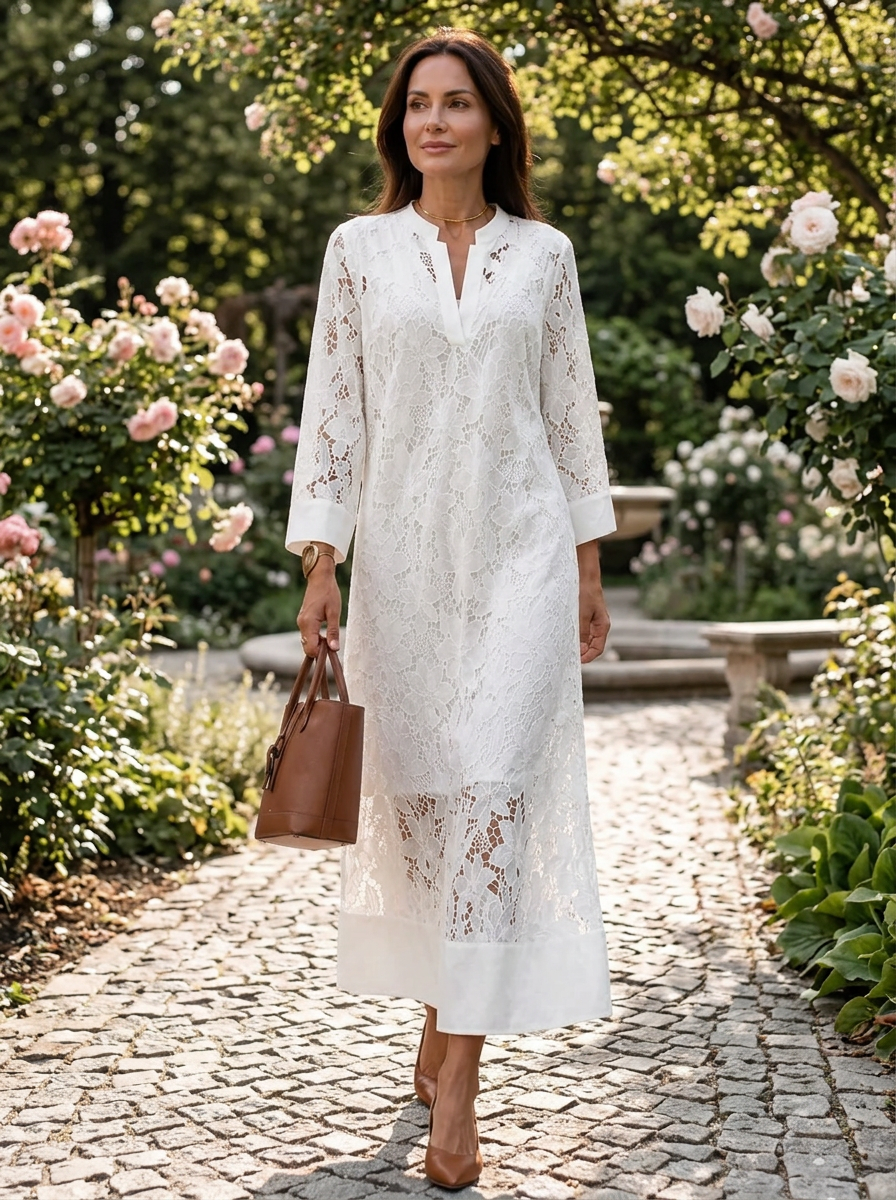 V-Neck 3/4 Sleeve Loose Lace Maxi Dress
