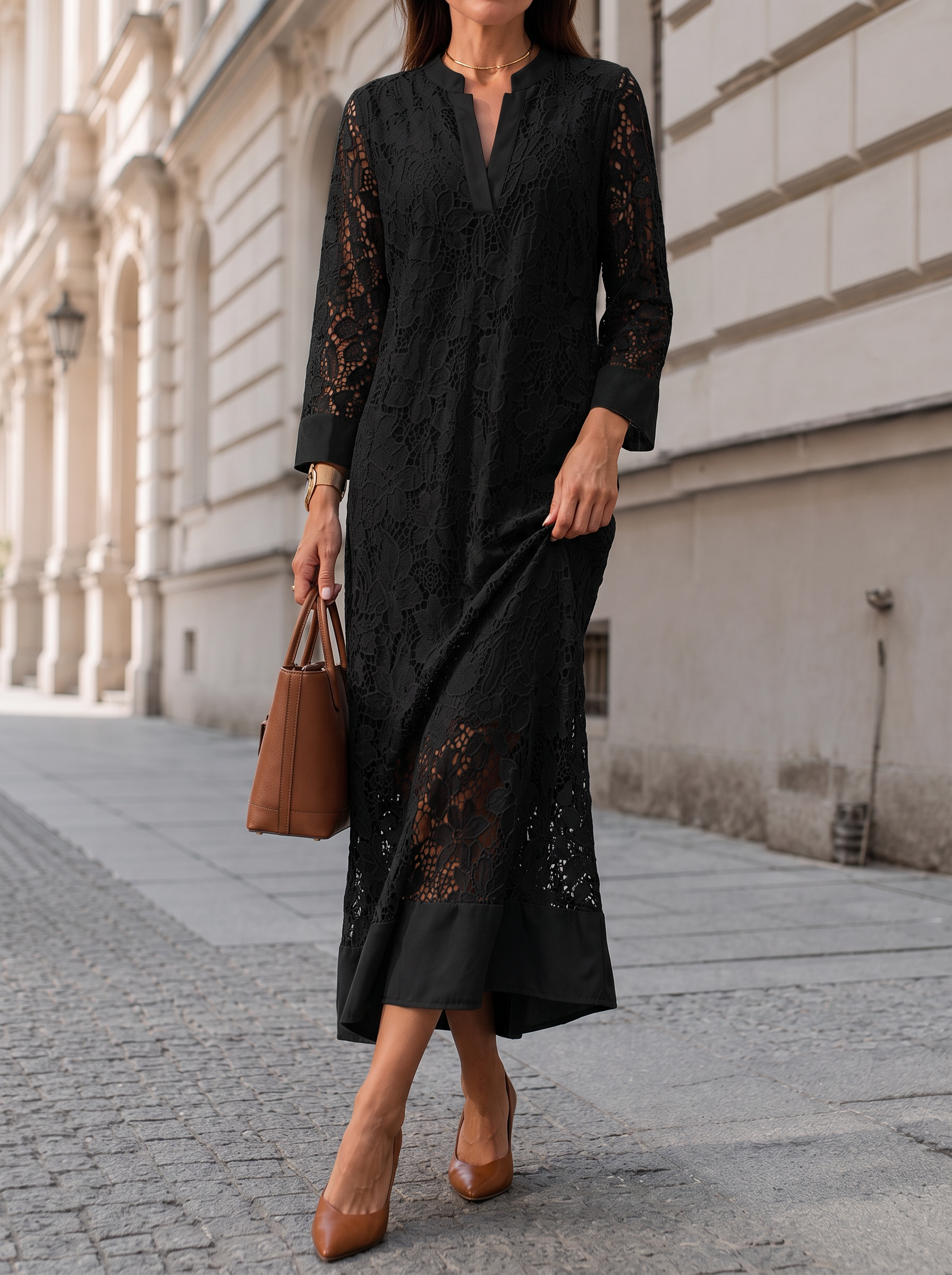 V-Neck 3/4 Sleeve Loose Lace Maxi Dress