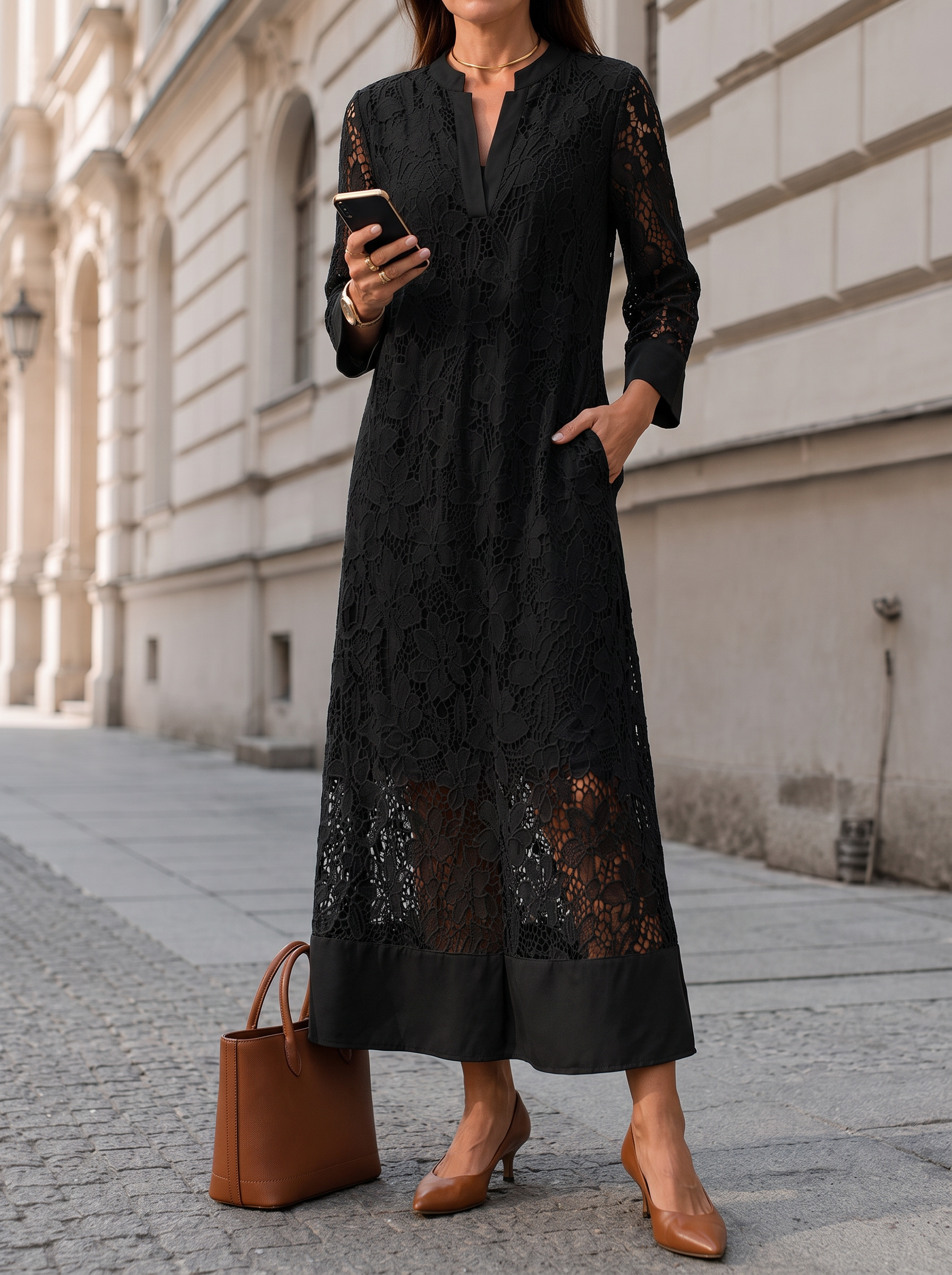 V-Neck 3/4 Sleeve Loose Lace Maxi Dress