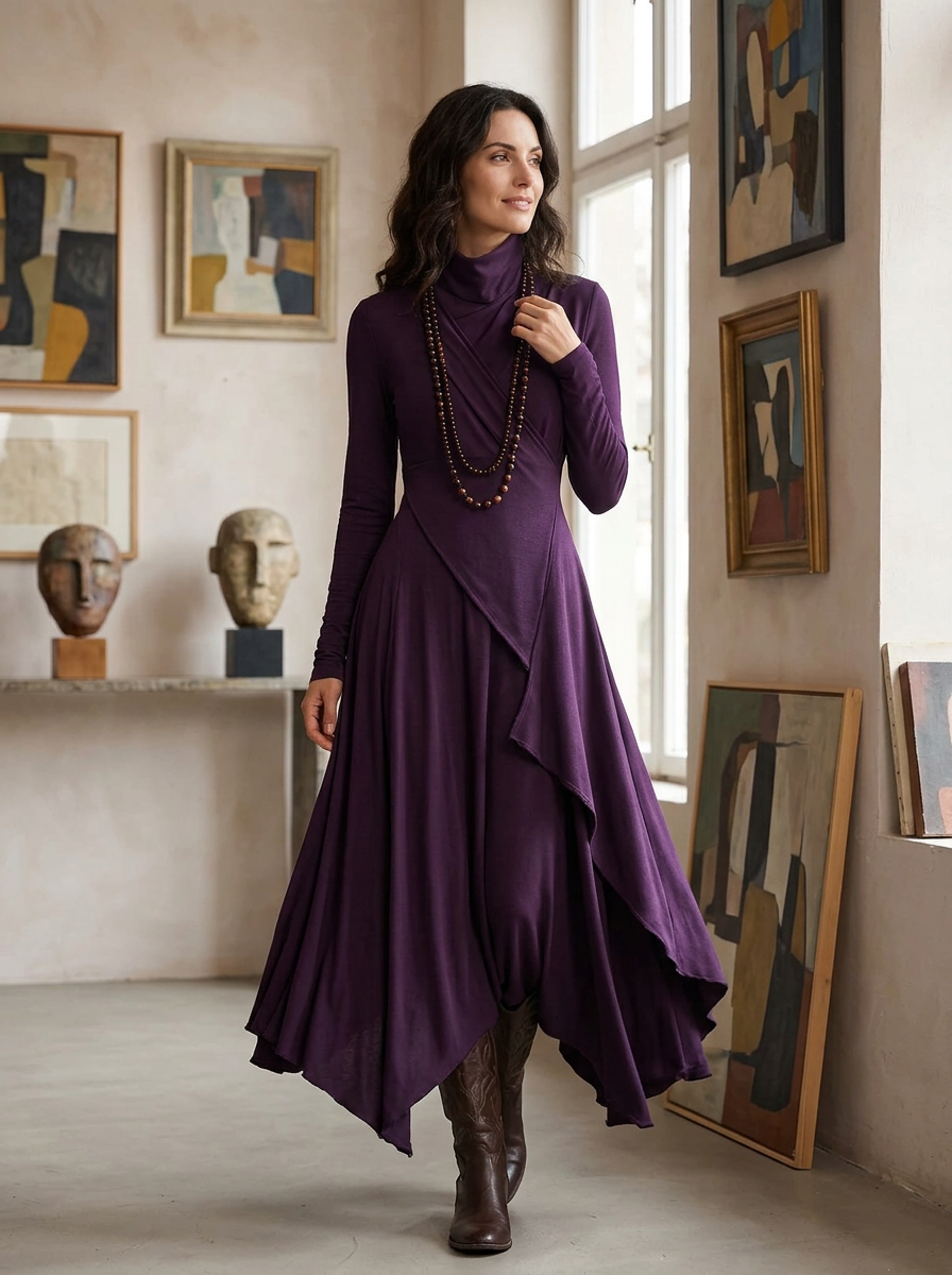 Retro Solid Color Long-sleeved Turtleneck Maxi Dress