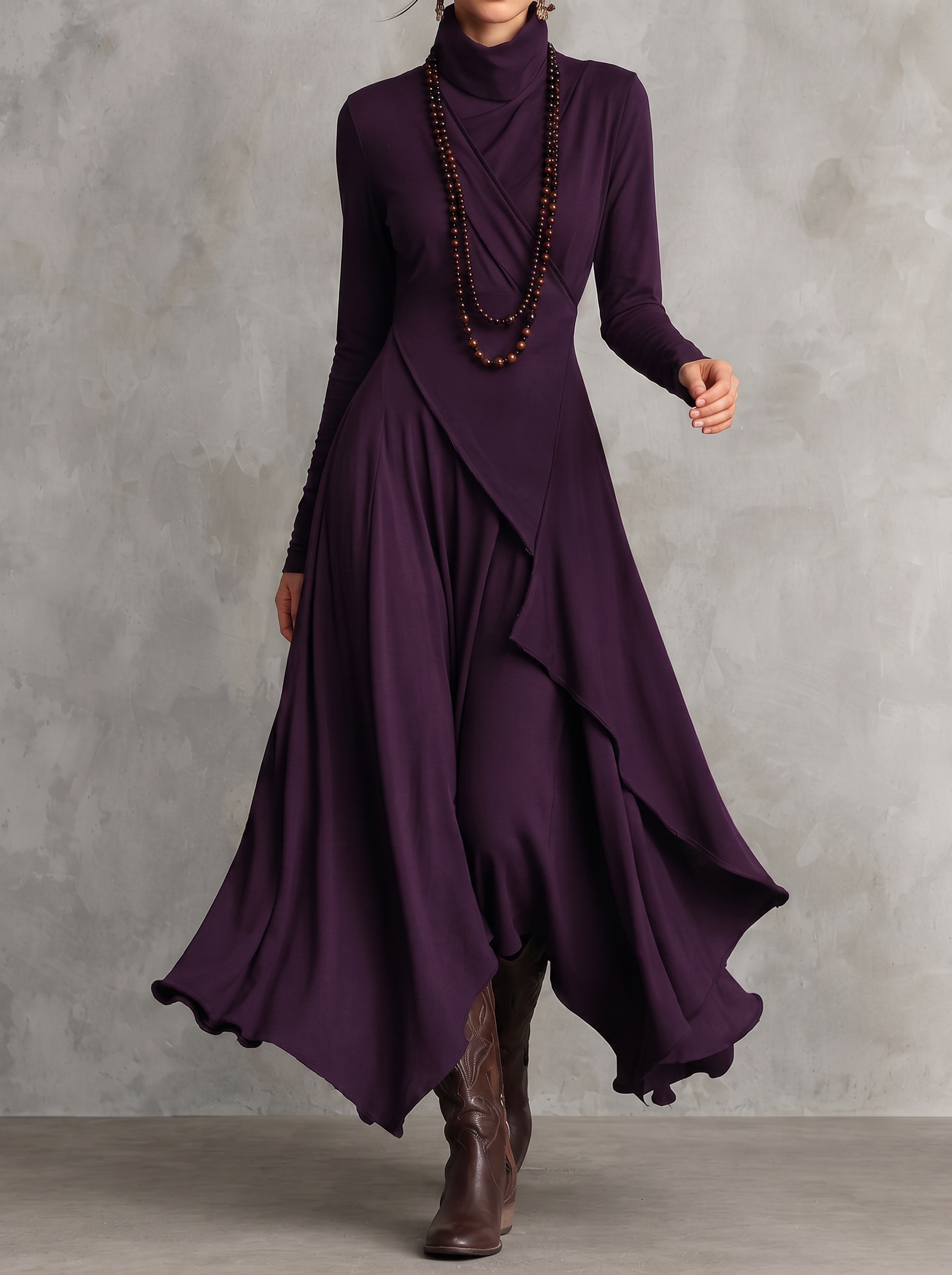 Retro Solid Color Long-sleeved Turtleneck Maxi Dress