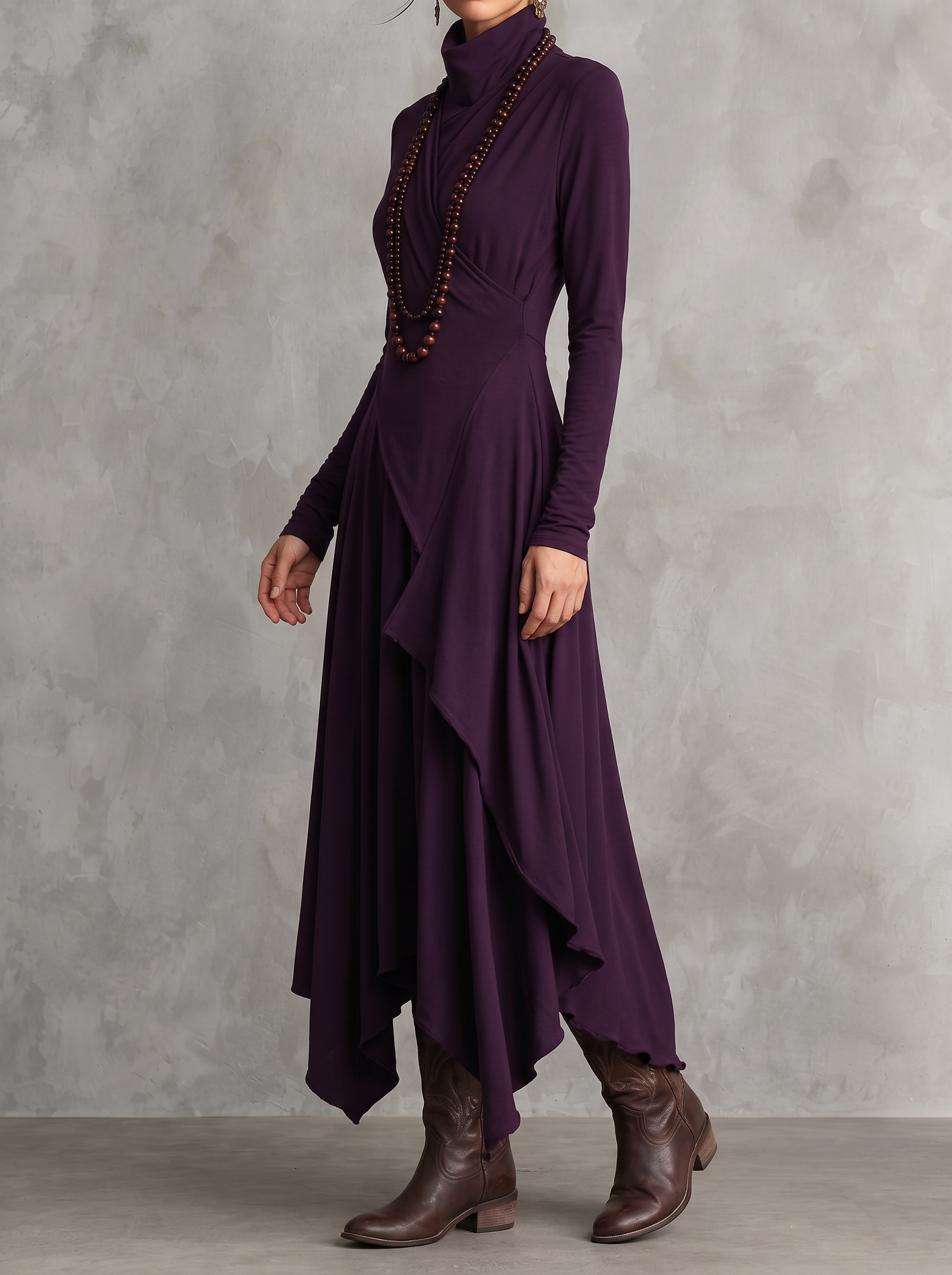Retro Solid Color Long-sleeved Turtleneck Maxi Dress
