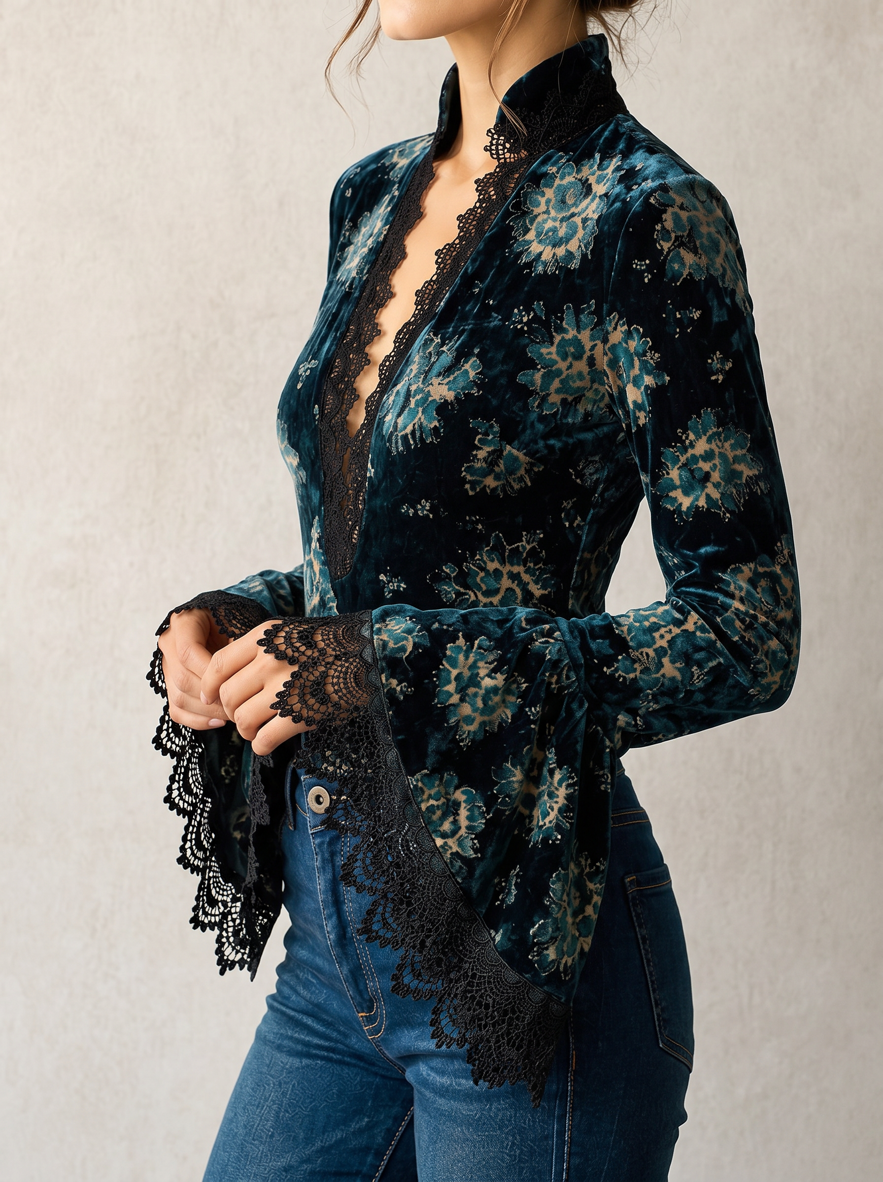 Elegant Lace-trimmed V-neck Long Sleeves Blouse