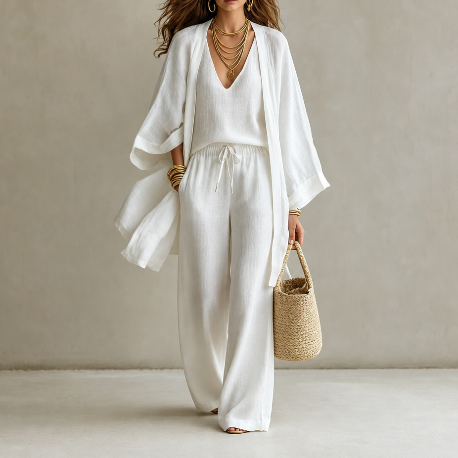 Casual V-neck Vest Wide-leg Pants Cardigan Three-piece Set