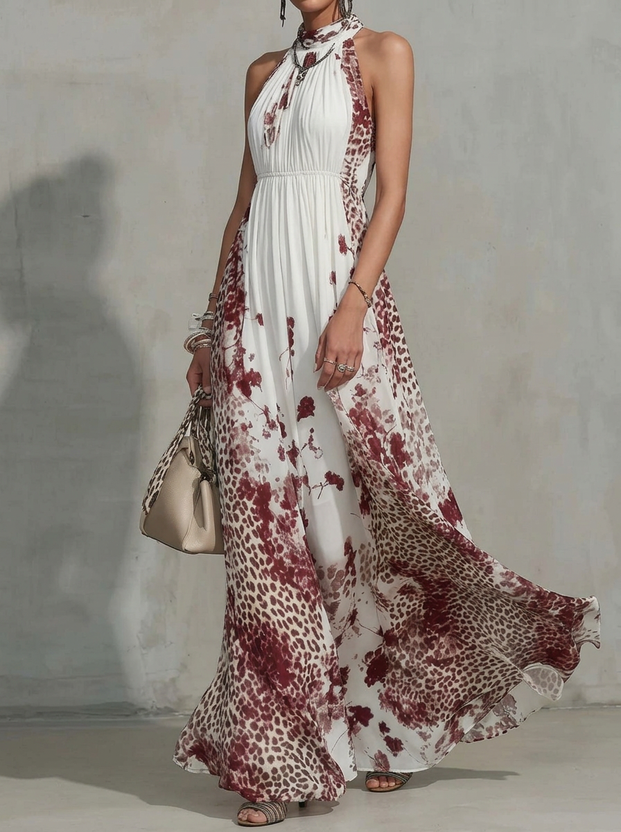 Stylish Leopard And Floral Print Halter Neck Flowing Maxi Dress