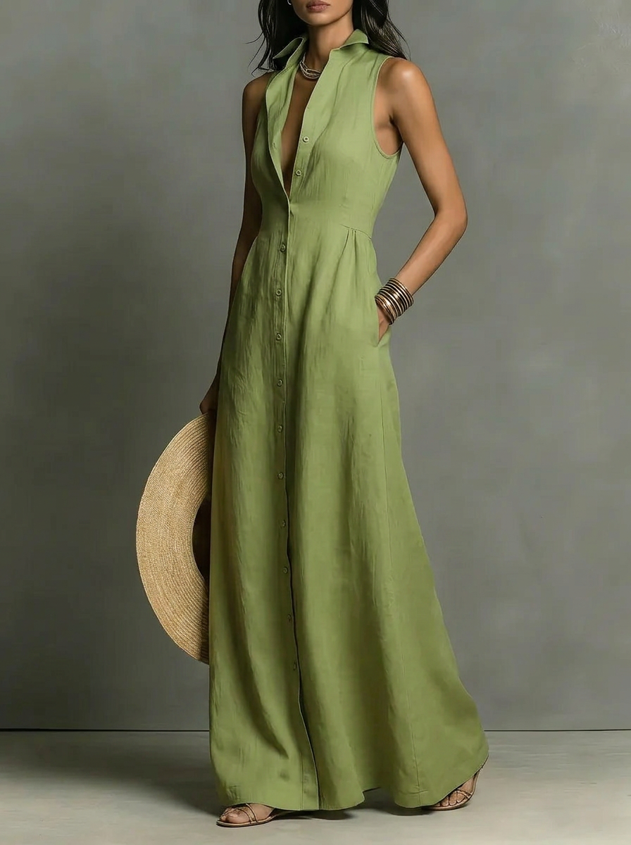 Solid Color Sleeveless Front Button-down Shirt Collar Maxi Dress