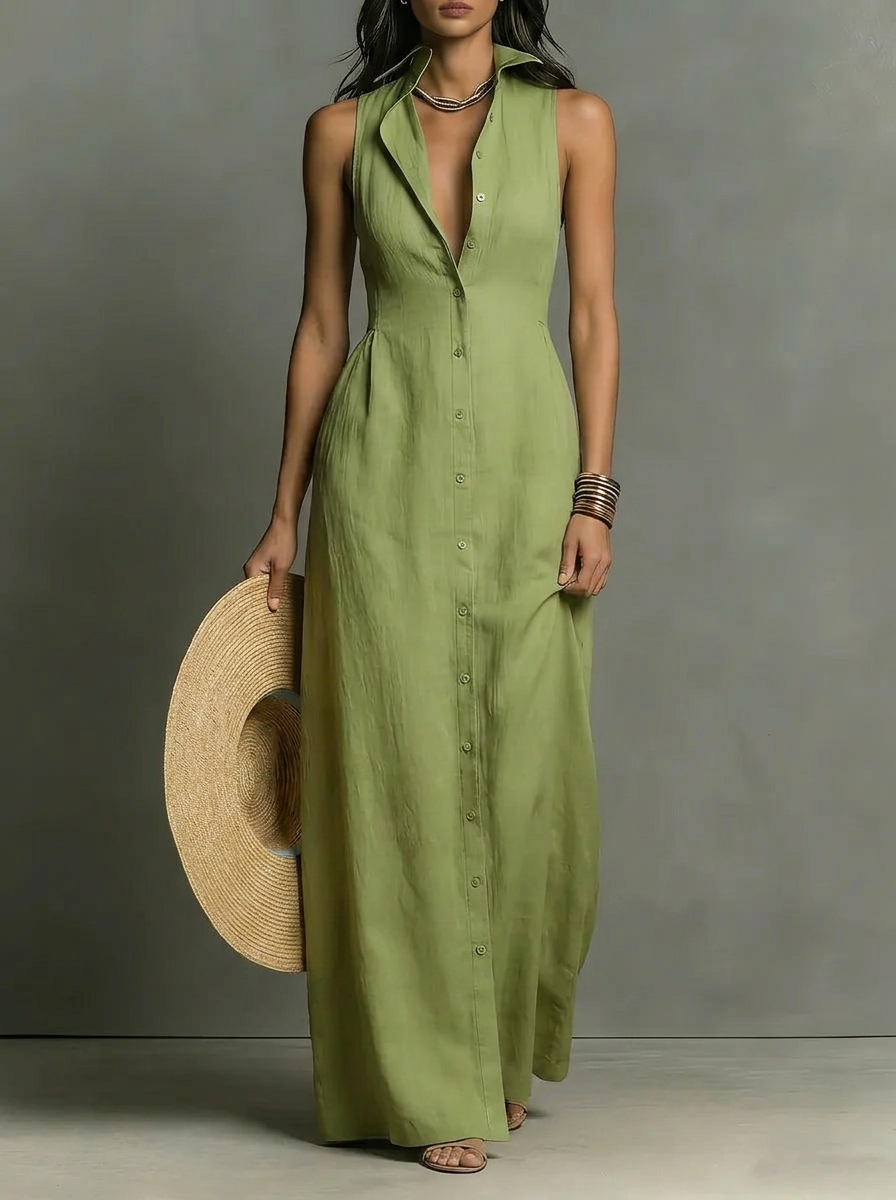 Solid Color Sleeveless Front Button-down Shirt Collar Maxi Dress