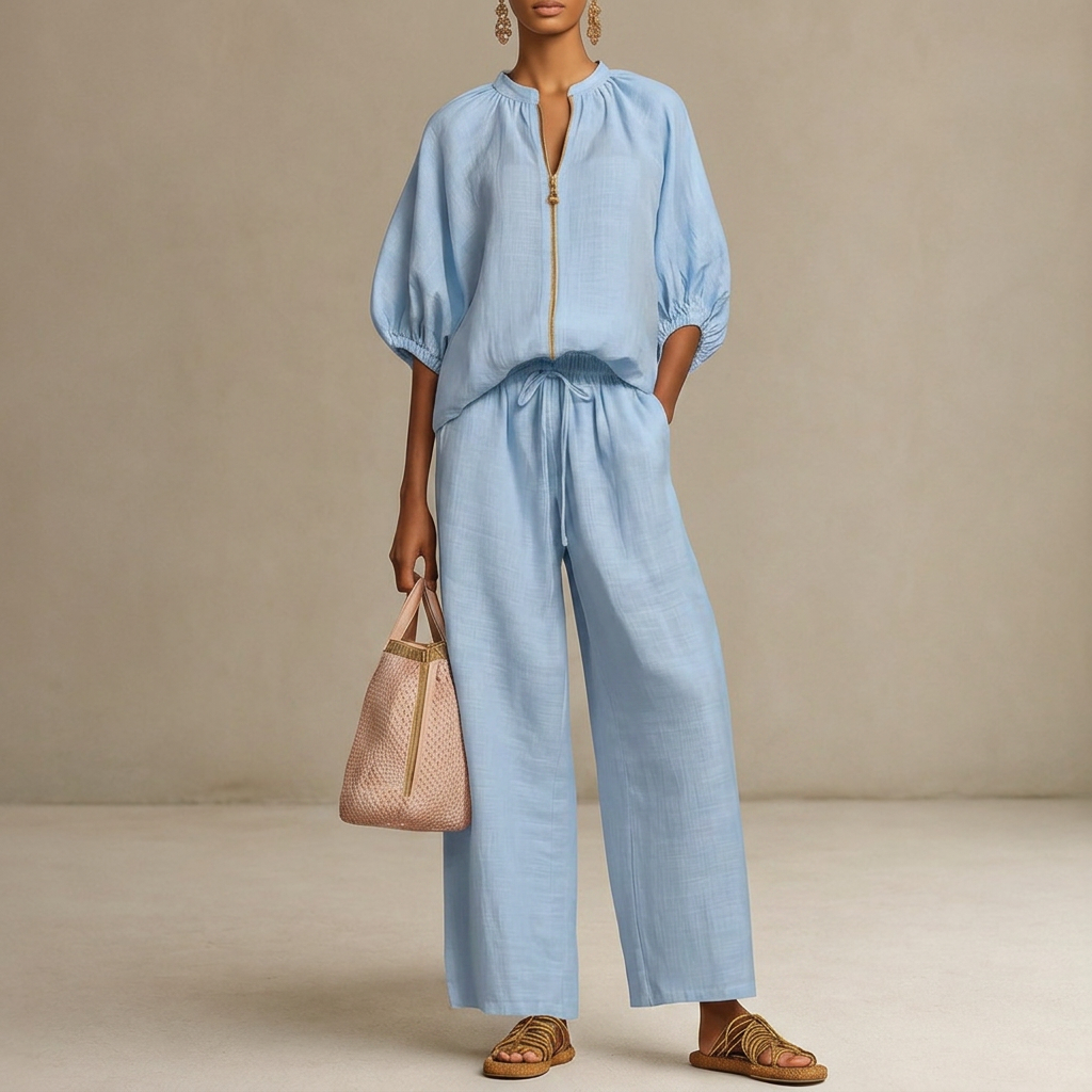 Loose-fitting Solid Color Zippered Round Neck Wide-leg Pants Suit