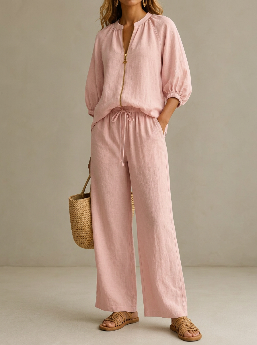 Loose-fitting Solid Color Zippered Round Neck Wide-leg Pants Suit