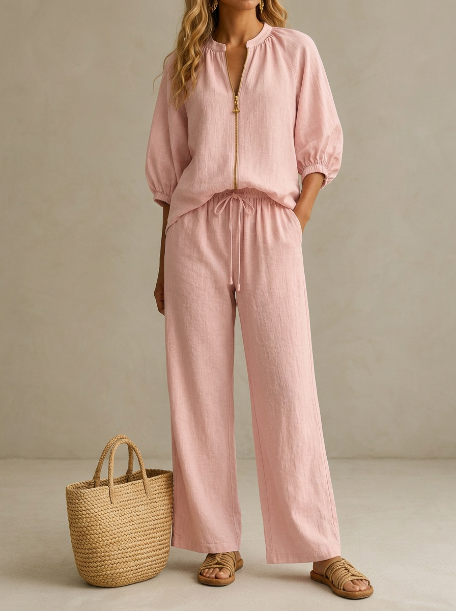 Loose-fitting Solid Color Zippered Round Neck Wide-leg Pants Suit