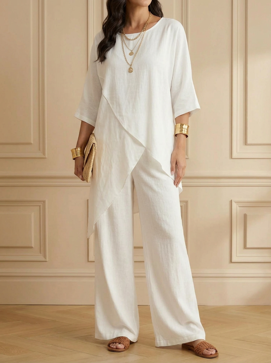 Women's Comfy Linen Blend Flowy Double Layer Design Top And Pants Two-piece Set
