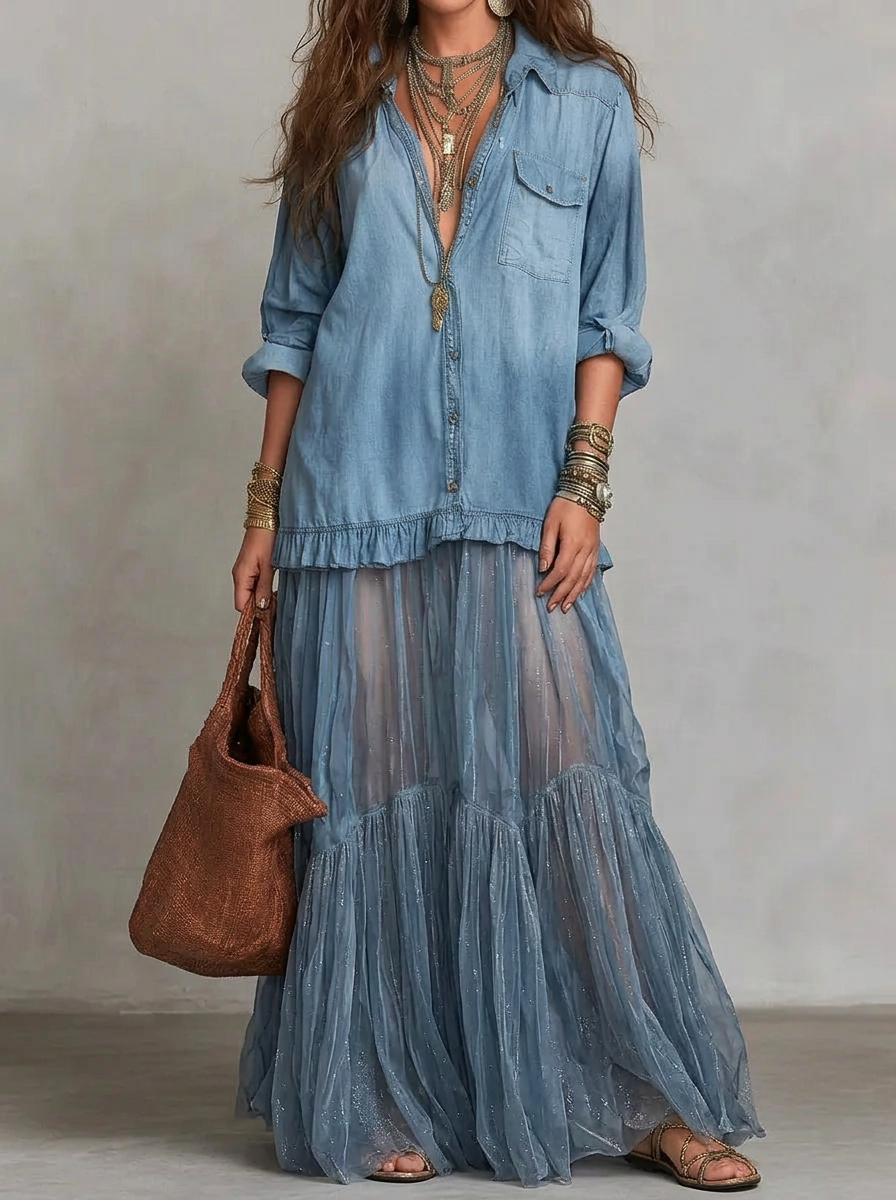 Retro Lapel Denim Splicing Mesh Casual Pocket Dress