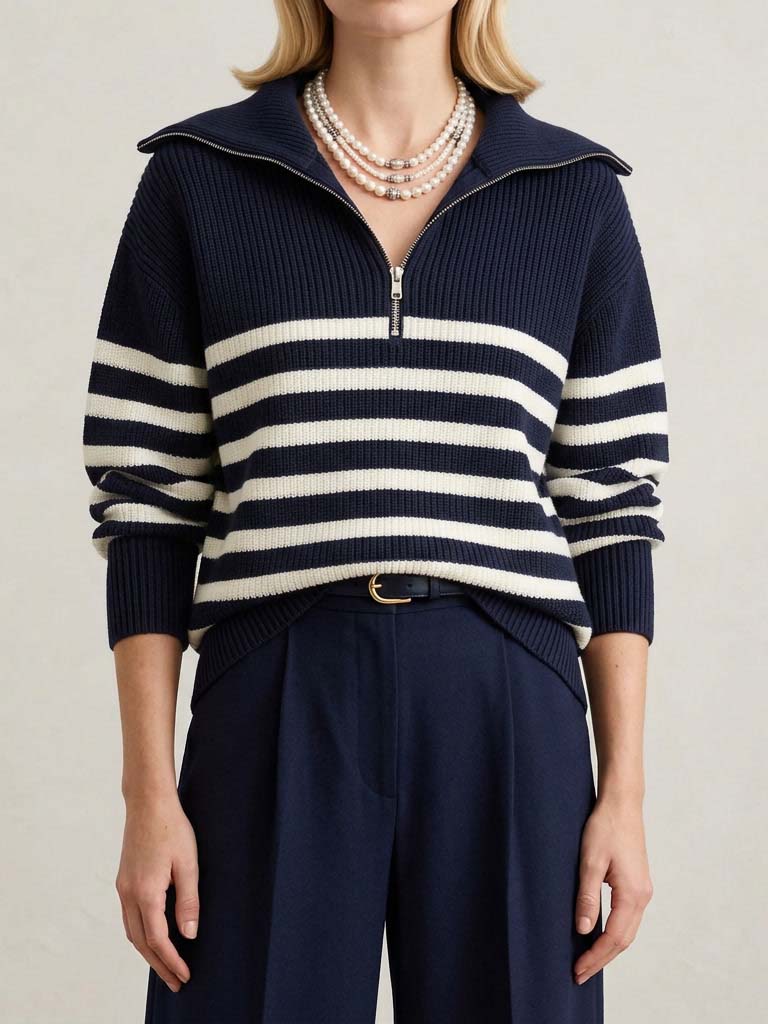 Women's Stripe Collared Zipper Sweater