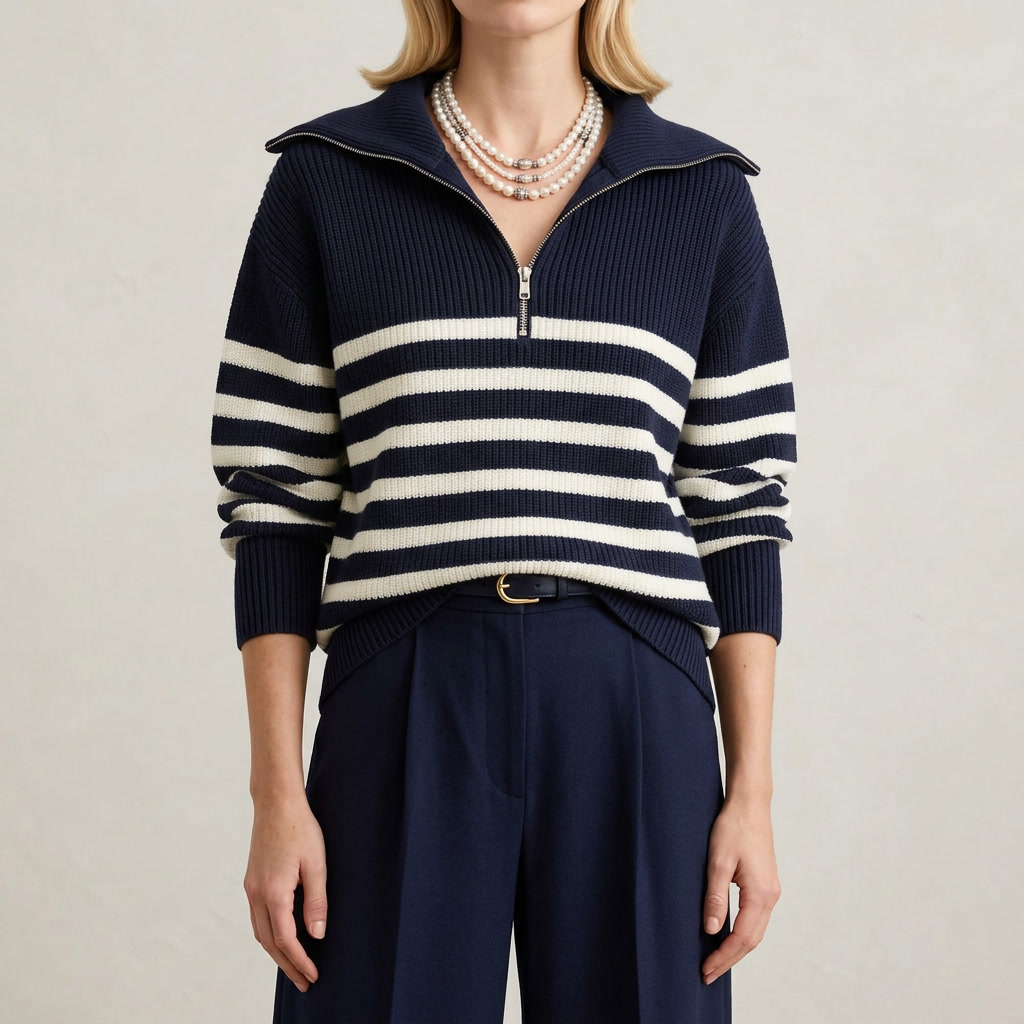 Women's Stripe Collared Zipper Sweater