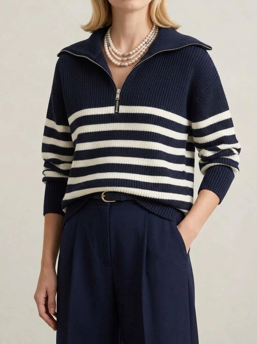 Women's Stripe Collared Zipper Sweater