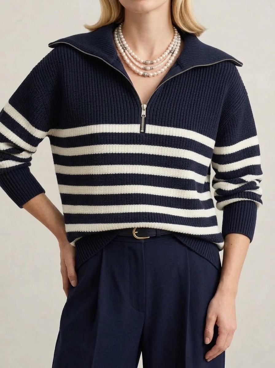 Women's Stripe Collared Zipper Sweater