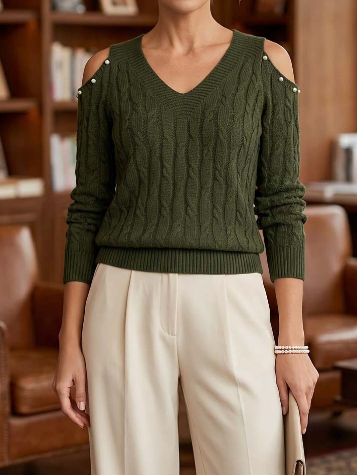 Women's Vintage Solid Color V-neck Off The Shoulder Knit Sweater