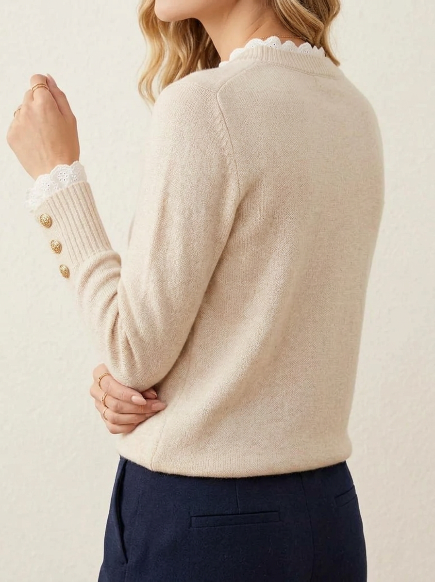 Women's Solid Color Lace Paneled Pullover Knit Sweater