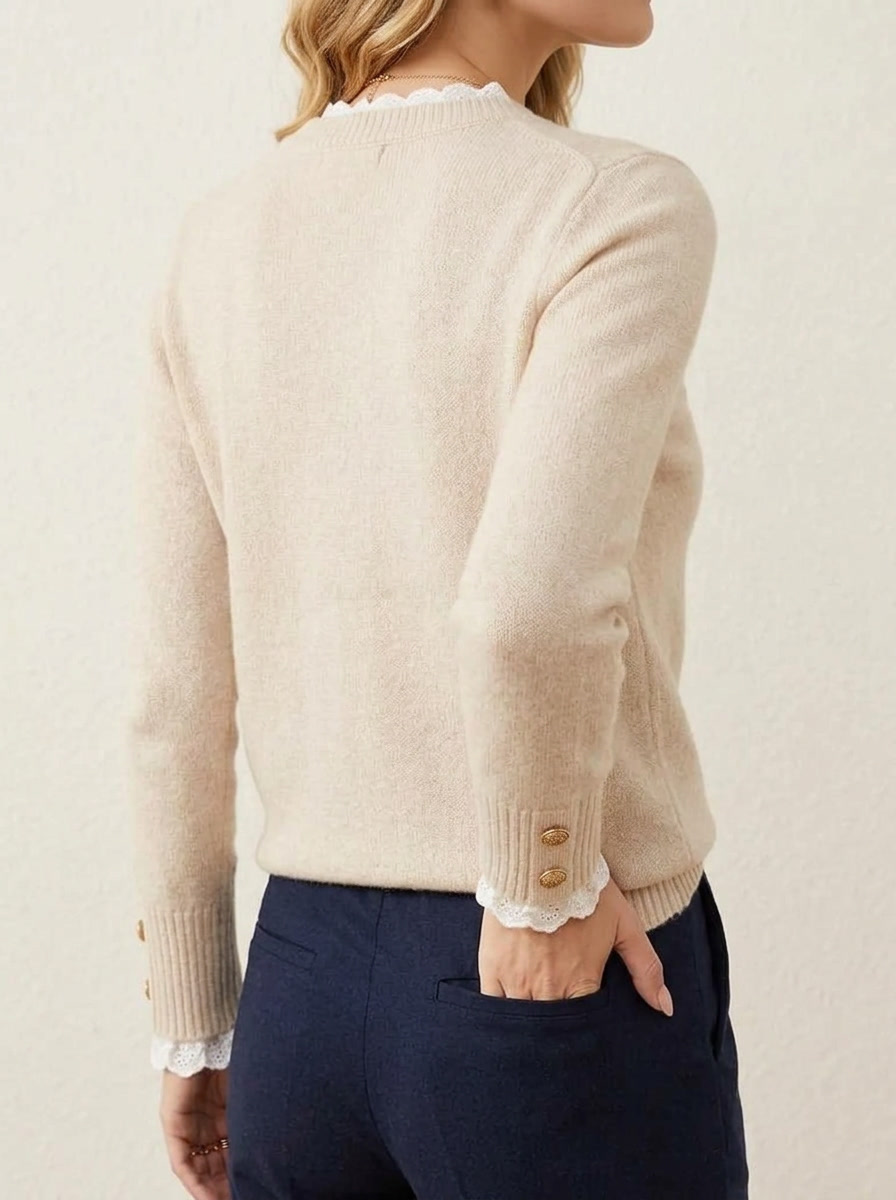 Women's Solid Color Lace Paneled Pullover Knit Sweater