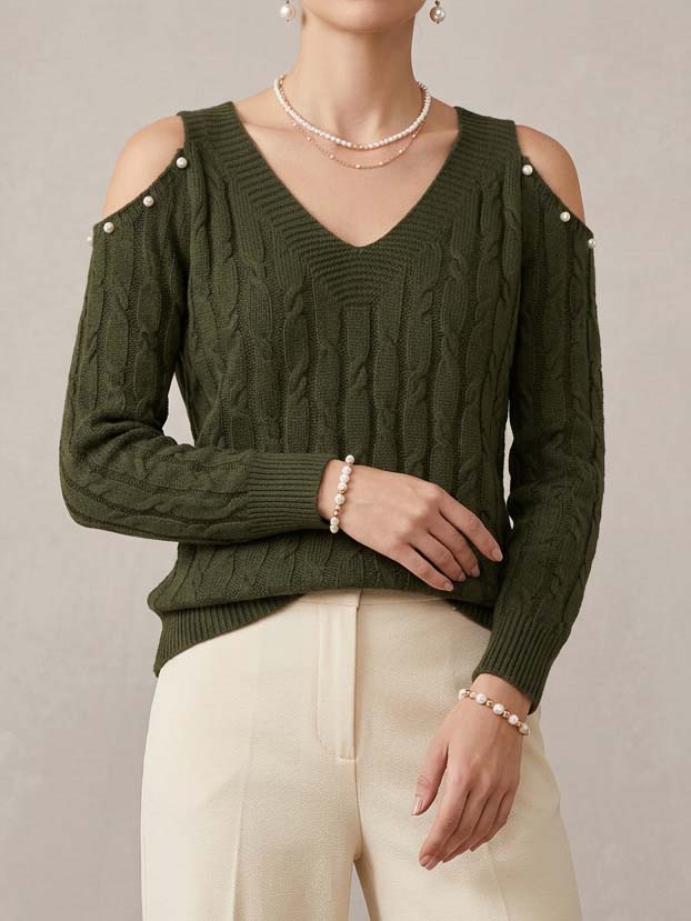 Women's Vintage Solid Color V-neck Off The Shoulder Knit Sweater