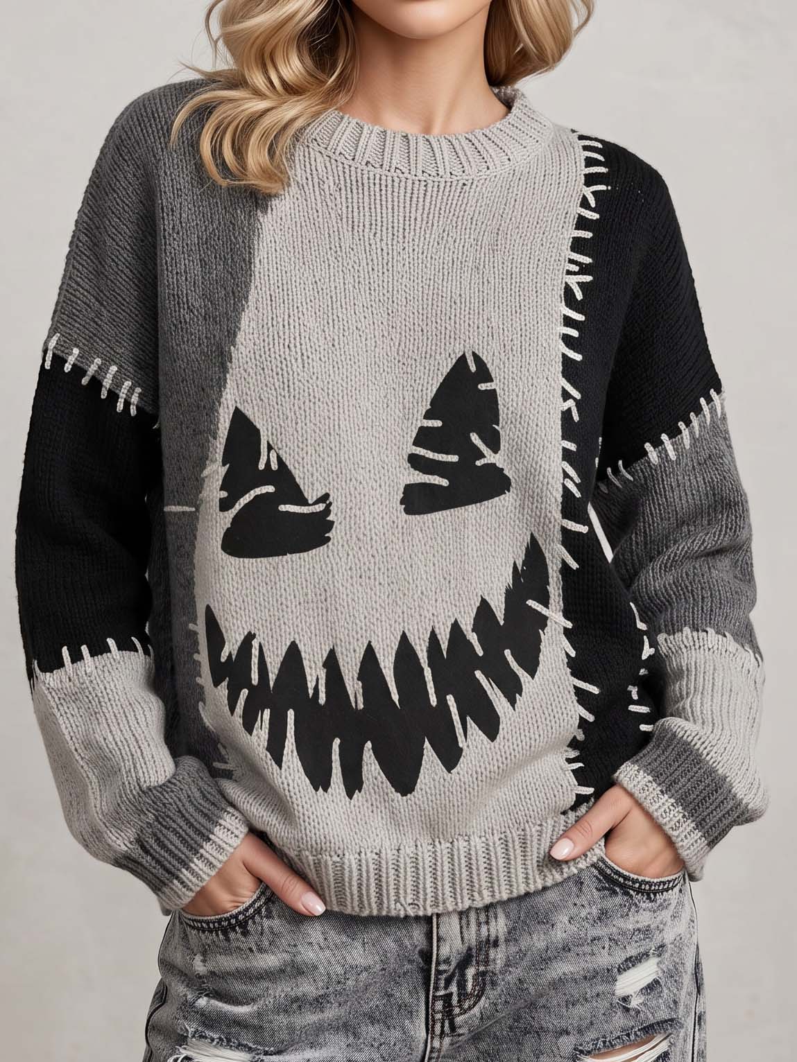 Halloween Spooky Face Contrast Stitched Cozy Knit Sweater