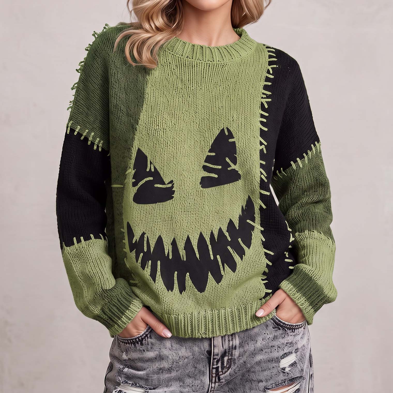 Halloween Spooky Face Contrast Stitched Cozy Knit Sweater