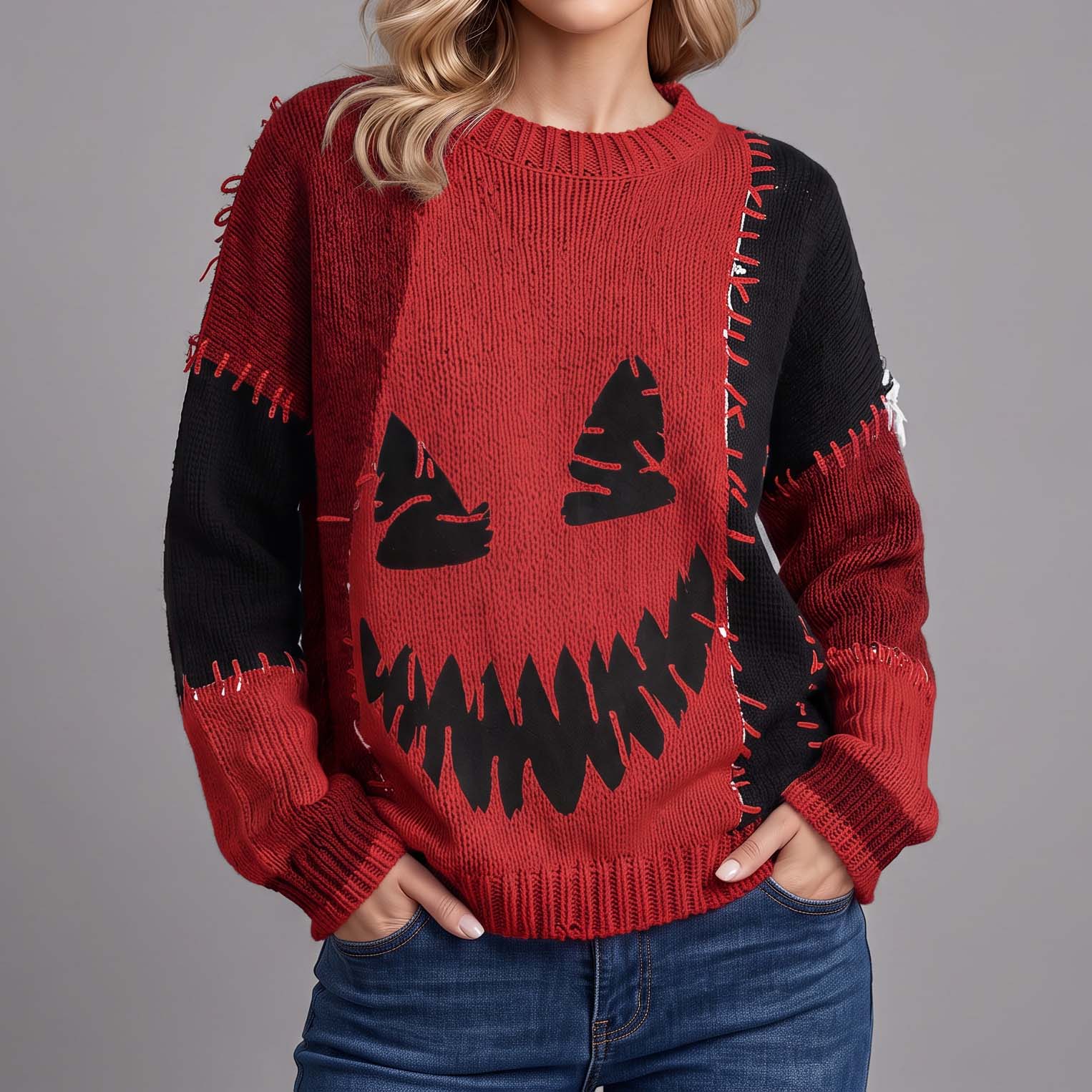 Halloween Spooky Face Contrast Stitched Cozy Knit Sweater