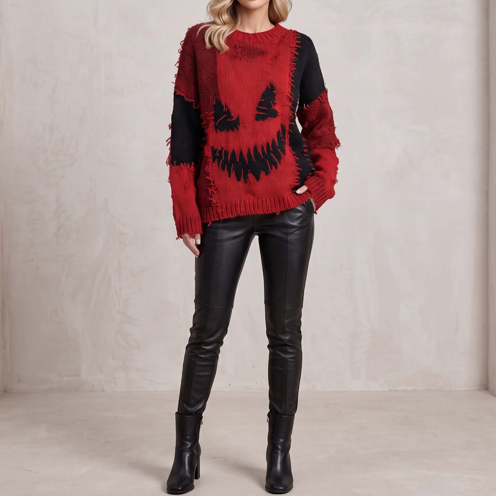 Halloween Spooky Face Contrast Stitched Cozy Knit Sweater