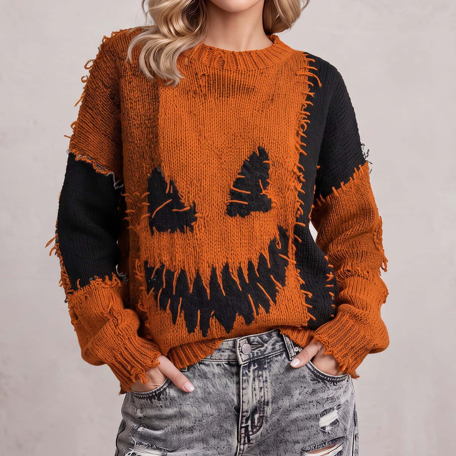 Halloween Spooky Face Contrast Stitched Cozy Knit Sweater