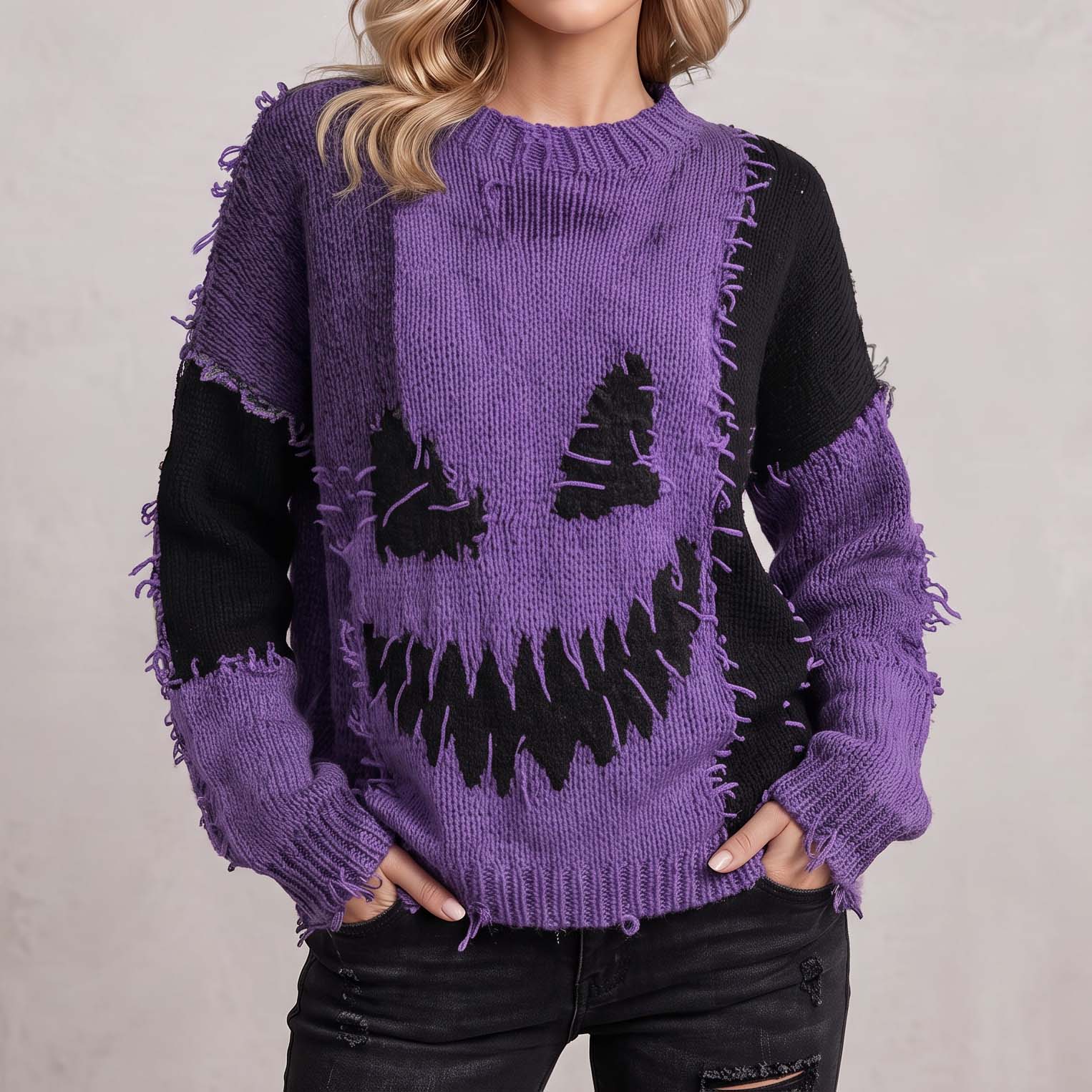 Halloween Spooky Face Contrast Stitched Cozy Knit Sweater